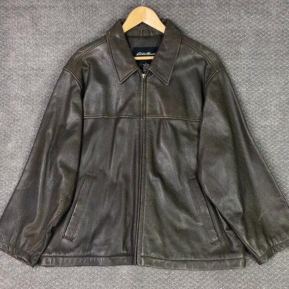 Eddie Bauer Leather Jacket Men's Large Short Brown Distressed Full Zip Bomber - Picture 1 of 15